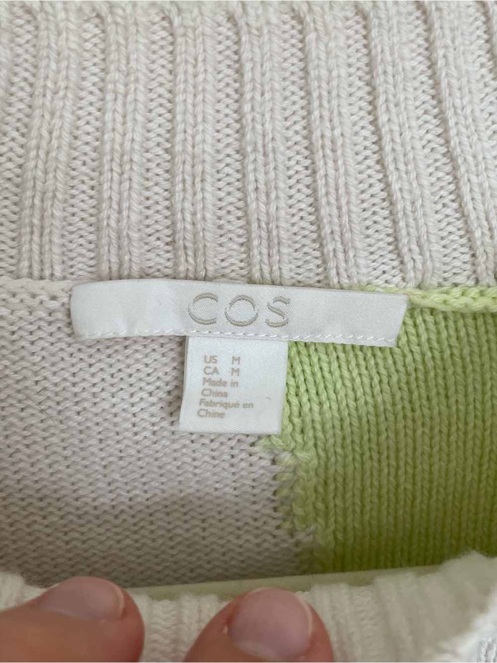 COS crewneck color block wool-cotton sweater with neon green detailing - Picture 10 of 12